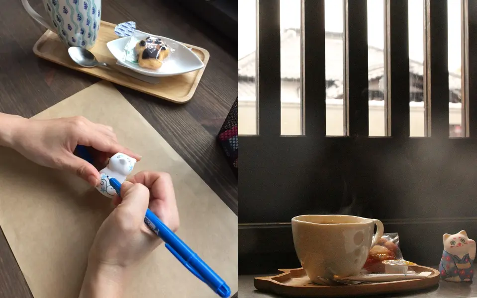 自分だけの招き猫を作りながら猫の形のクッキーで一息つけるカフェ猫衛門